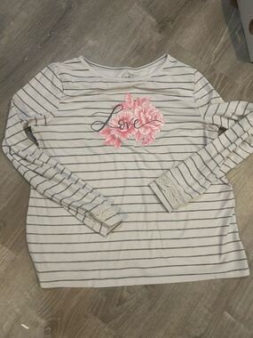 Croft & Barrow Striped  Long Sleeve Intimate Top with Pink Floral "Love" Medium